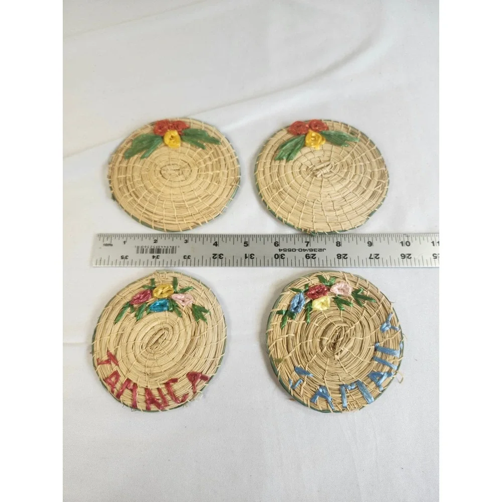 Vintage Woven Raffia Straw Jamaica Coasters Set of 4 Floral Embroidered Boho